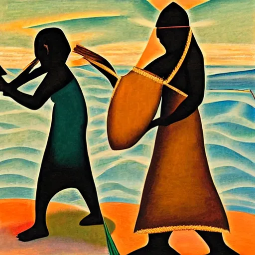 Prompt: two African Women weaving a net by the ocean as the tide comes in , high quality art in the style of cubism and georgia o’keefe,