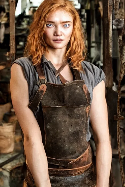 Image similar to female blacksmith, extremely burly. strawberry - blonde hair, many freckles. face resembles natalia vodianova, but she is built like a blacksmith : burly, broadshouldered, thicklimbed, kinda swole. she is fully clothed in her work clothes. she is very strong.