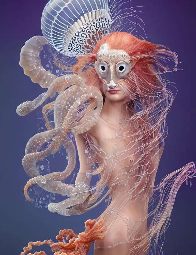 Image similar to 3 d goddess jellyfish half - turn portrait with long hair with ram skull. beautiful intricately detailed japanese crow kitsune mask and clasical japanese kimono. betta fish, jellyfish phoenix, bio luminescent, plasma, ice, water, wind, creature, artwork by tooth wu and wlop and beeple and greg rutkowski