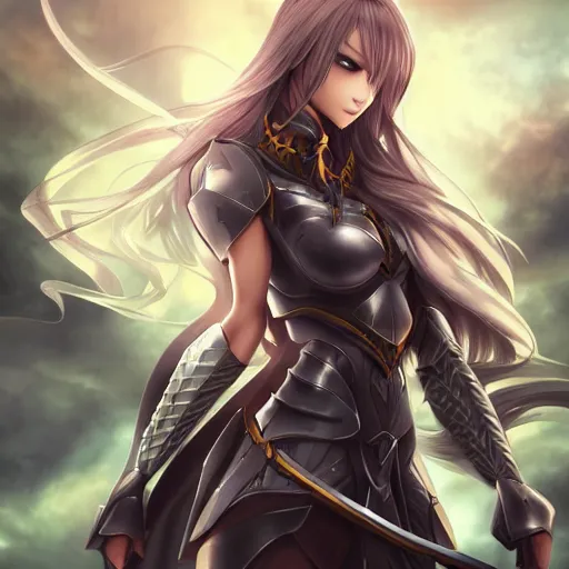 Image similar to a portrait of an attractive knight female anime character with long hair, shot of entire body, artgerm