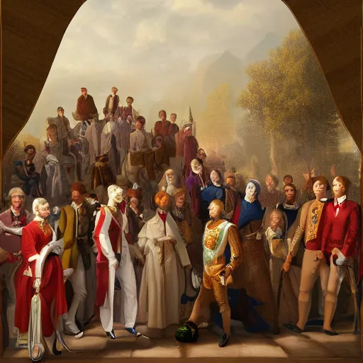 Image similar to portrait of a regal prince with sharp cheekbones, white clothes, high collar, surrounded by a crowd of peasants, modern digital art, matte painting