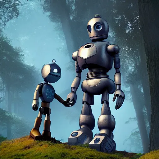 Prompt: ultra realistic and intricate detailed photograph of iron giant with his friend gold giant, 1999 pixar movie, forest, technology, innovation, bright modern style, artstation, unreal render, depth of field, ambient lighting, award winning, stunning