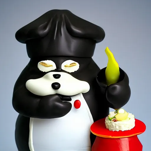 Image similar to pvc figurine of a fat badger wearing a chef's hat and apron and holding a cake, furry art, badger, artstation, figurine