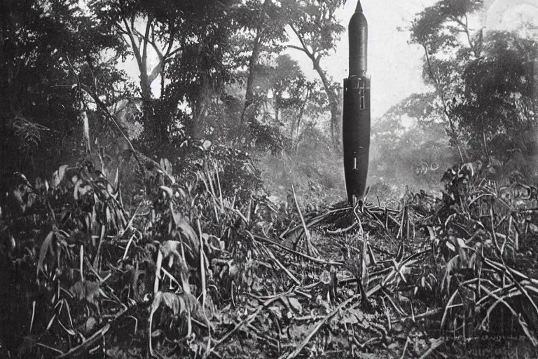 Image similar to a 1 9 0 5 colonial closeup photograph of a wooden moon rocket in a village at the river bank of congo, thick jungle, scary, evil looking, wide angle shot