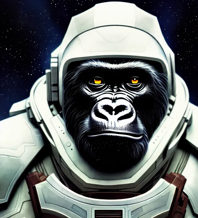 Prompt: a highly detailed science-fiction character portrait of a serious gorilla wearing a white armored space suit, intricate, wild, digital painting, artstation, concept art, smooth, sharp focus, illustration, art by artgerm and greg rutkowski and alphonse mucha, 8k octane beautifully detailed render, post-processing, extremely hyperdetailed, intricate, epic composition, grim yet sparkling atmosphere, cinematic lighting + masterpiece, trending on artstation, very detailed, vibrant colors, Art Nouveau, masterpiece, full shot, full body, science fiction background