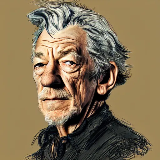 Prompt: a realistic yet scraggly portrait photo of the side profile of a stern and sophisticated ian mckellen as a pirate captain, octane render, intricate details, in the style of frank auerbach, in the style of sergio aragones, in the style of martin ansin, in the style of david aja, in the style of mattias adolfsson