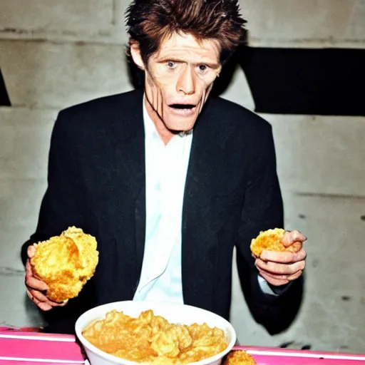 Prompt: Willem Dafoe eating a KFC Famous bowl in the basement at 3am while listening to pink floyd