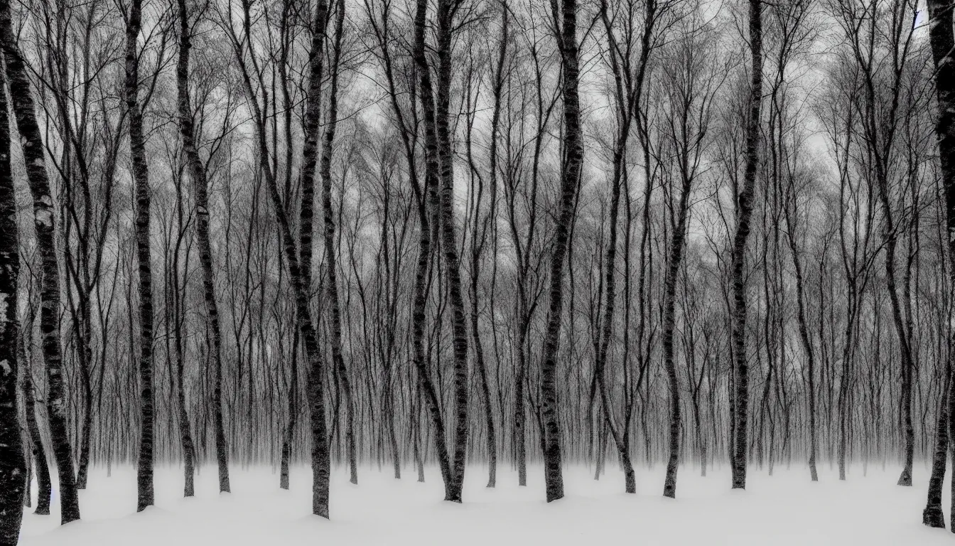 Image similar to birch forest, evening, blizzard, winter, dark, atmospheric, scary, claustrophobic, ambient vibe, very detailed, black and white, 4 k