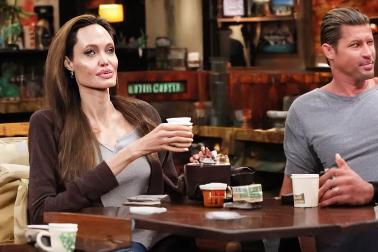 Prompt: angelina jolie and the predator, best friends, drinking coffee at central perk, still photo, hyperrealistic, 35mm, 8k, by weta digital