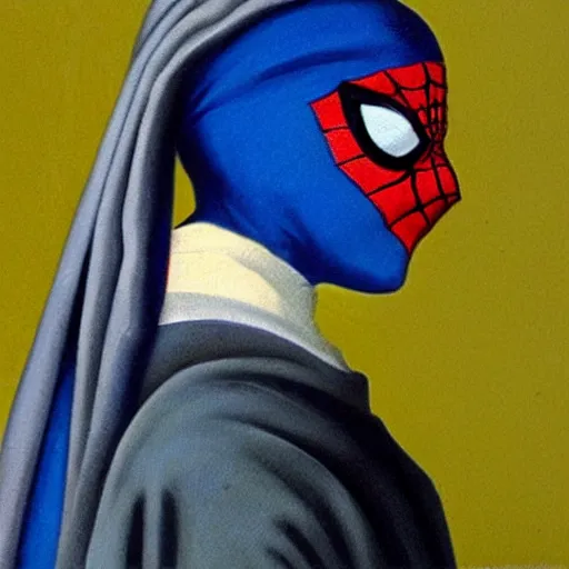 Image similar to Spiderman with a pearl earring by Vermeer