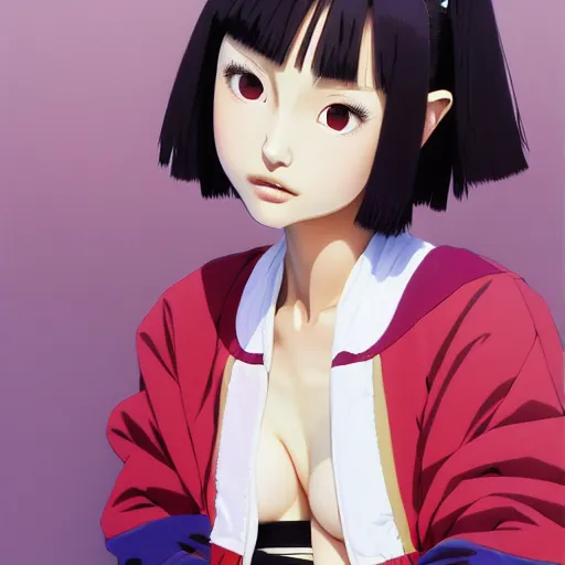 Image similar to a beautiful japanese natalie portman gravure model, wearing oversized native designer bomber jacket and leotard, bulky poofy bomber jacket with mesoamerican patterns, mesoamerican native street fashion, gapmoe yandere grimdark, trending on pixiv fanbox, painted by greg rutkowski makoto shinkai takashi takeuchi studio ghibli, akihiko yoshida