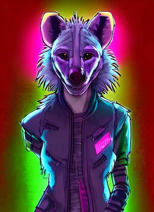 Image similar to digital artwork of anthromorphic hyena female drawn in style of dai. dai, fursona, furry fandom, neon rainy cyberpunk setting, anthro, wearing cyberpunk 2 0 7 7 jacket, detailed face,