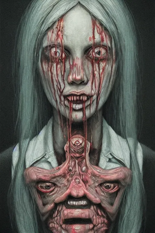 Image similar to crayon cartoon grunge portrait of a creepy horror nurse girl . intricate artwork. nightmare fuel. terrifying. by zdzisław Beksiński, wlop, dan mumford , trending on artstation, greg rutkowski very coherent symmetrical artwork. cinematic, hyper realism, high detail, octane render, 8k