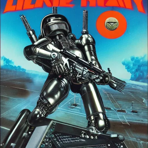 Image similar to 1 9 8 0's heavy metal album art, a shiny reflective detailed chrome cool cybernetic futurepunk 1 9 7 0's london punk rock android firing a giant rifle - style blaster rifle designed by ridley scott inside an alien spaceship