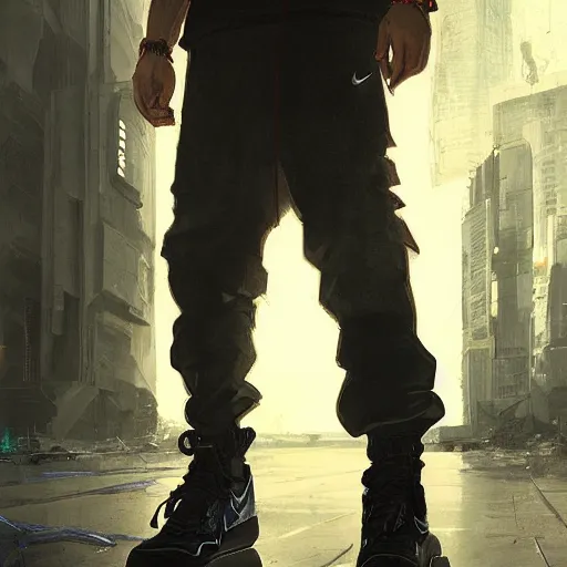 Image similar to A man wearing Acronym J36-S pants and Acronym P30A-DS and black Nike Air Force 1 sneakers, high quality, digital art, dirty cyberpunk city, greg rutkowski