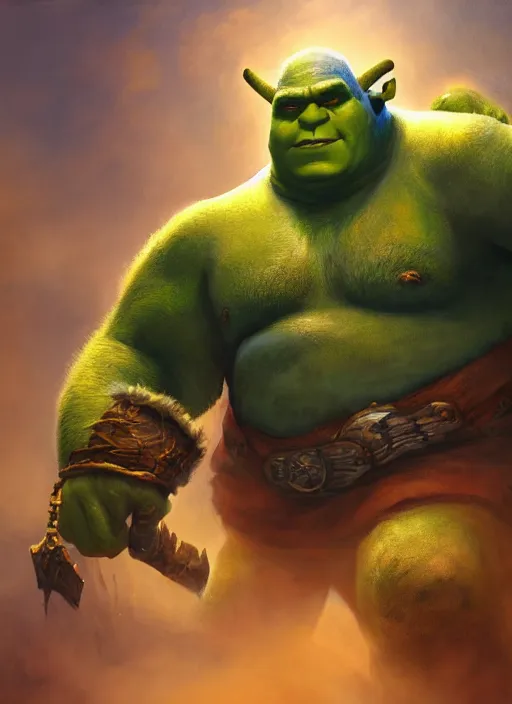 Image similar to dramatic oil painting of full body shrek as thrall from world of warcraft, artstation, shrek, epic, dramatic, shrek ogre,