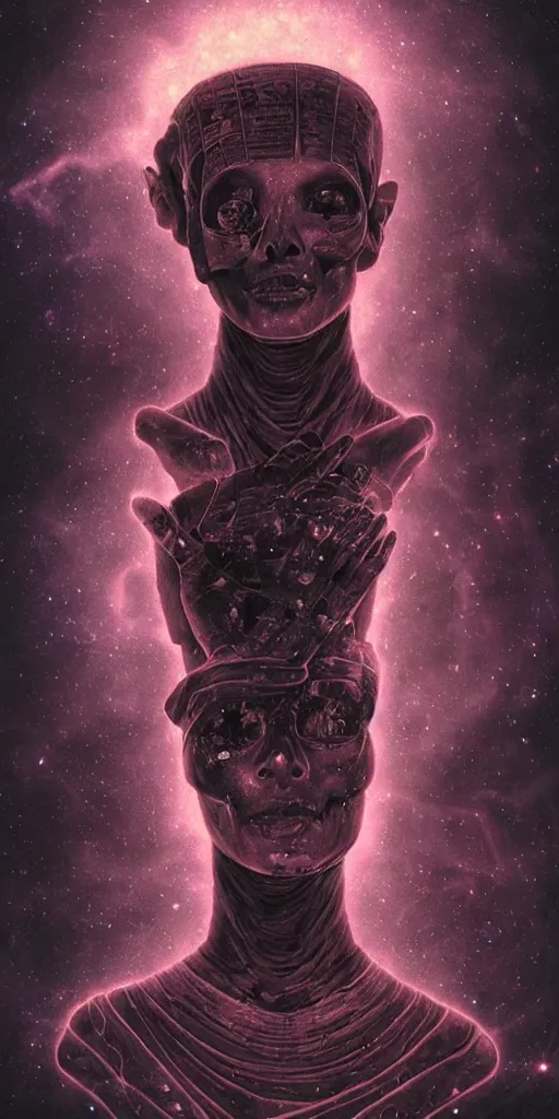 Image similar to intense glowing egyptian mummy god with ancient bandages and intense black eyes with a skull in very dark cosmic nebula by artgerm and beksinski and alphonse mucha, portrait, fantasy, clear, light beams, lens flare, intense, pharoah, throne, uhd, amazing depth, cinematic lighting, black and purple and shining gold