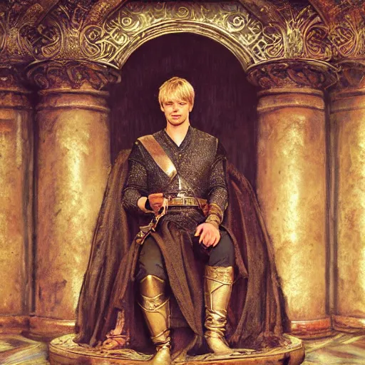 Prompt: bradley james as attractive king arthur pendragon, sat in his throne, big arches in the back, natural lighting, path traced, high quality, very detailed digital painting, by gaston bussiere, craig miller, j. c. leyendecker