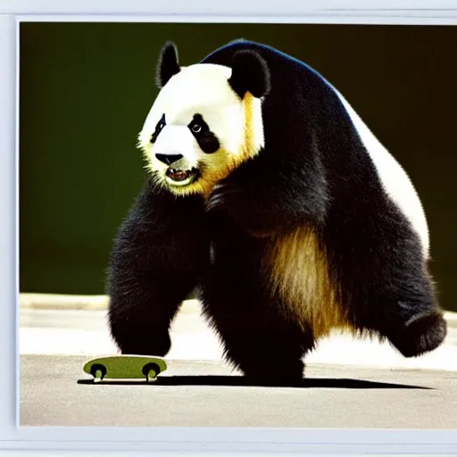 Image similar to high quality professional dslr photograph of a panda skateboarding in california. super resolution. surreal. extremely detailed. polaroid 6 0 0 film. by annie leibovitz and richard avedon