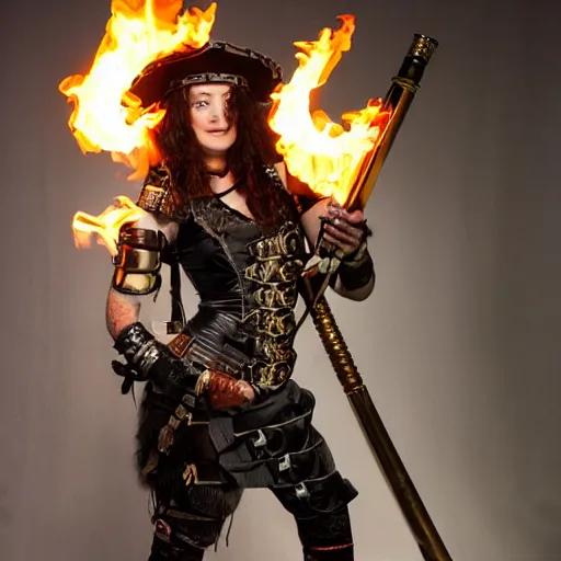 Prompt: full shot photo of a steampunk female warrior with flaming sword