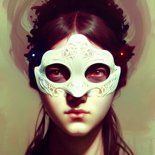 Prompt: A girl wearing a rave mask, face, detailed, intricate, elegant, highly detailed, digital painting, artstation, concept art, smooth, sharp focus, illustration, art by Krenz Cushart and Artem Demura and alphonse mucha