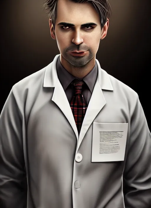 Image similar to male surgeon, brown hair, khakis, plaid shirt, gothic, moody, noir, diffuse lighting, fantasy, intricate, elegant, highly detailed, lifelike, photorealistic, digital painting, artstation, illustration, concept art, smooth, sharp focus, art by John Collier and Albert Aublet and James jean and Brian froud and ross tran and Artem Demura and Alphonse Mucha