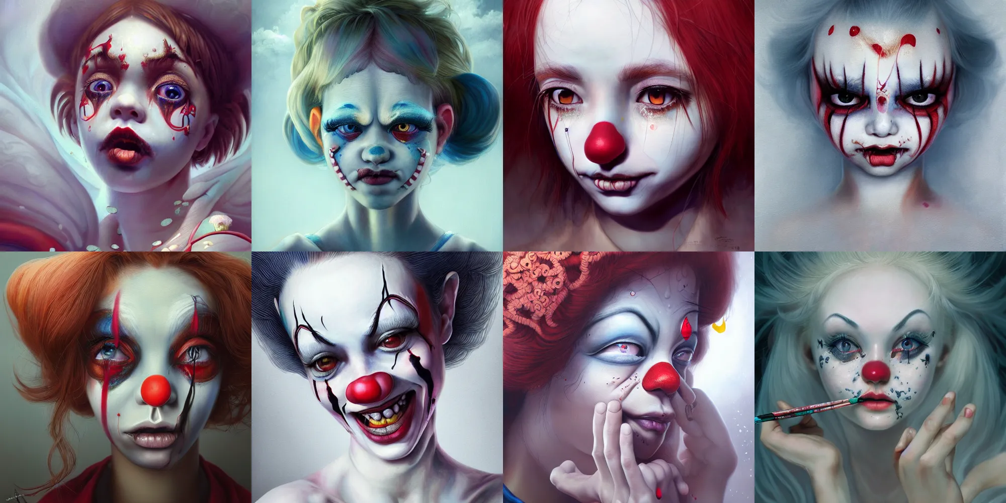 Image similar to breathtaking detailed painting of clown girl crying, piercing eyes, james jean, miho hirano, extremely moody lighting, hyperrealistic, octane render, rpg portrait, ambient light, dynamic lighting