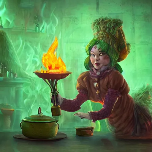 Image similar to wide shot of an old fire witch brewing in the style of flooko, detailed, fire, smoke, realism, realistic, hyper detailed, green lighting, ambient lighting, smoke, haze,