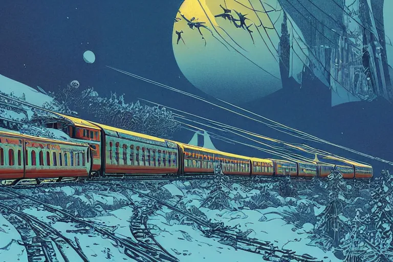 Image similar to trans - siberian express train illustration by joe fenton and syd mead and p. craig russell and barry windsor - smith, artstation, 4 k, graphic novel, concept art, matte painting, beautiful russian winter landscape sunset background, golden hour, art nouveau