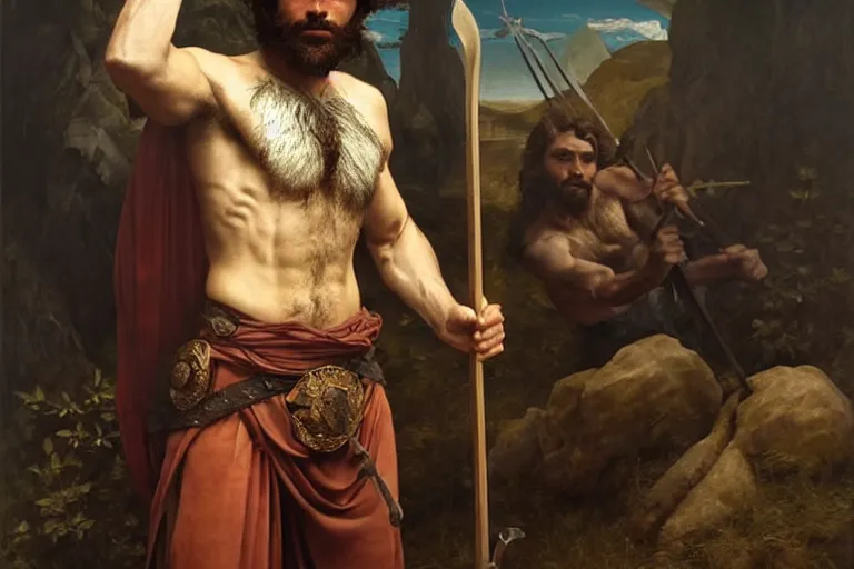 Image similar to renaissance painting full body portrait of a gruff ranger with a spear, lean and toned, handsome face, hairy chest and hairy body, D&D, intricate, elegant, highly detailed, digital painting, artstation, concept art, matte, sharp focus, chiaroscuro, well list, illustration, art by Artgerm and Greg Rutkowski and Alphonse Mucha