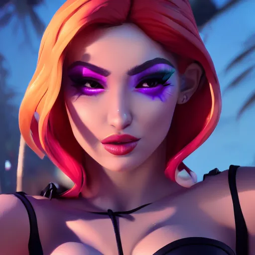 Prompt: still of pretty KDA More Miss Fortune (wild rift) close up in a music video. 3d render, octane render, game art, realistic, highly detailed, trending on artstation, 4k, trending on artstation, cgsociety, unreal engine 5, redshift render, trending on artstation, blender, behance, cg