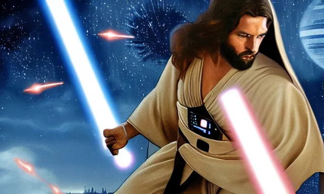 Image similar to full shot photograph of super jesus christ fighting in star wars, using a cross - shaped gold lightsaber, photorealistic, cinematic lighting, extremely detailed, star wars