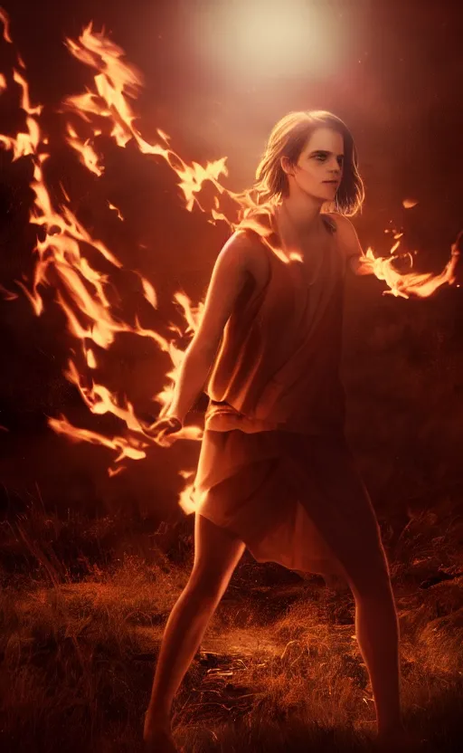 Prompt: Emma Watson casting a fire spell. Digital art trending on artstation. 4k. Tyndall effect.