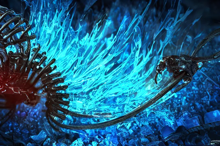 Image similar to centipede trapped inside a blue amber, octane render, digital art, trending on artstation, deviantart, 8k, epic composition, intrinsic details, AAA graphics