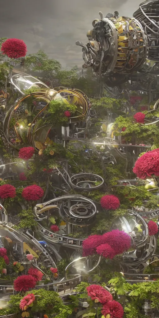 Image similar to a lovely mechanical cornucopia of flowers sci-fi futuristic utopian machine parts wires circuits highly detailed octane render cinematic