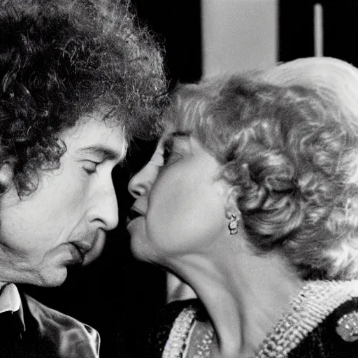 Prompt: bob dylan kissing the queen of england, photograph, high detail