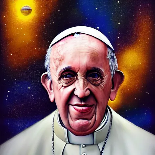 Image similar to a portrait painting of pope francis in a new alien world, weird planet, futuristic, hd, 8 k, 4 k, ultra detailed, trending on artstation,
