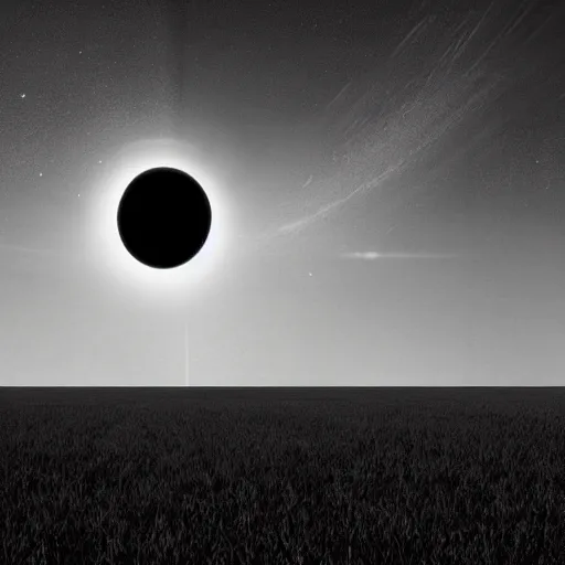 Prompt: a photo of a darkened field with a planetary object hanging in the sky above, digital art, intense, dramatic lighting, emotional, music video