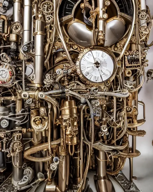 Image similar to surreal explosion of fashion photography of ornate dialysis machine face with carved intricate clockwork and tubes cables, liquid in tubes dialysis machine, beautiful composition, wide angle