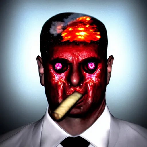 Image similar to A hyperrealistic 3D render of a nuclear explosion reflected in the bleeding eyes of a man in a suit smoking a cigar