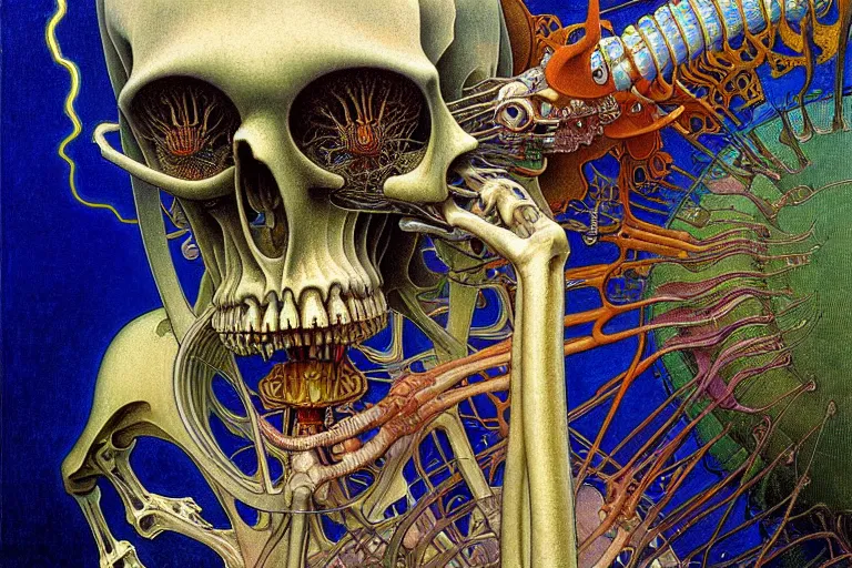 Prompt: realistic detailed closeup portrait painting of a single skeleton in a crowded futuristic street by Jean Delville, Amano, Yves Tanguy, Alphonse Mucha, Ernst Haeckel, Edward Robert Hughes, Roger Dean, rich moody colours, blue eyes