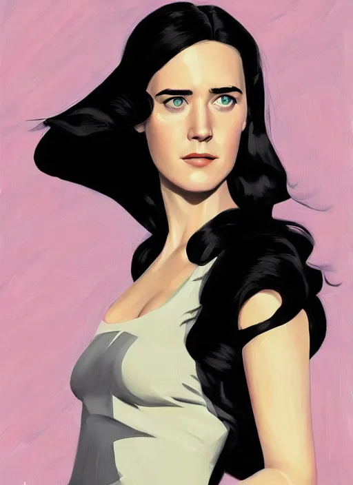 Image similar to detailed artwork by phil noto ; stylized painting of young jennifer connelly ; eva green ; young jennifer connelly from the rocketeer ; brush texture ; asymmetric composition ; paint texture ; trending on artstation ; gallery painting by phil noto, comic style