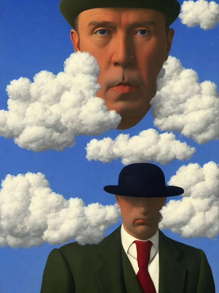 Image similar to portrait of cloud man by rene magritte, detailed painting, hd, hq, high resolution, high detail, 4 k, 8 k