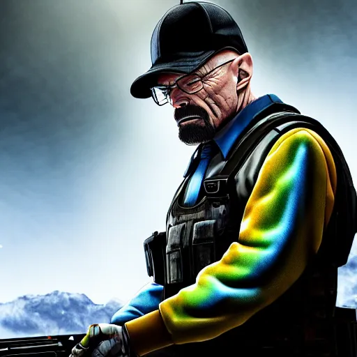 Image similar to walter white holding a shotgun as a rainbow six siege operator, 4 k, highly detailed