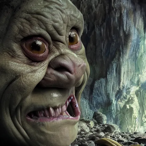 Image similar to hyperrealistic mixed media high resolution painting of Danny DeVito Gollum perched in a dark cave, stunning 3d render inspired art by Jamie Salmon and István Sándorfi and Unreal Engine and Greg Rutkowski, perfect facial symmetry, dim volumetric lighting, 8k octane beautifully detailed render, full body shot, post-processing, extremely hyper-detailed, intricate, epic composition, highly detailed attributes, highly detailed atmosphere, cinematic lighting, masterpiece, trending on artstation, very very detailed, masterpiece, stunning, flawless completion, lifelike texture, perfection,