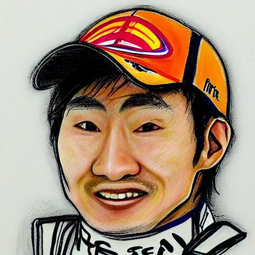 Image similar to a badly drawn picture of f 1 driver yuki tsunoda, caricature!!!, funny, crayon art, bad, beginner art