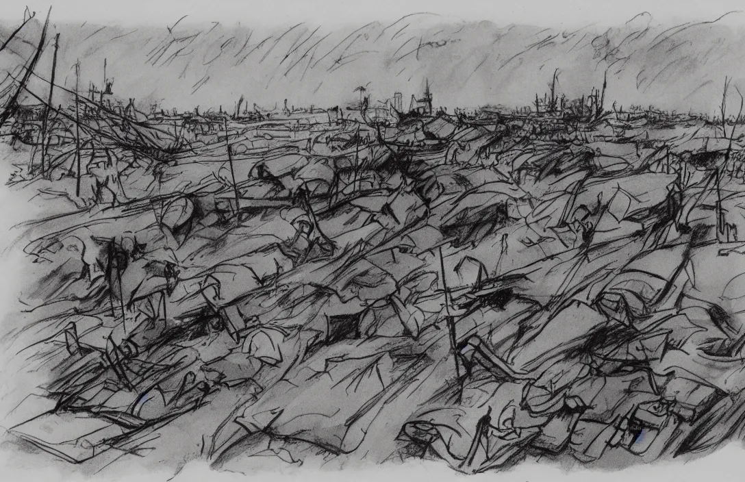 Image similar to milt kahl sketch of world war 1 trenches with the city of miami in the background