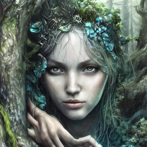 Prompt: high definition charcoal watercolor fantasy character art, hyper realistic, hyperrealism, luminous water elemental, forest dryad, woody foliage, 8 k dop dof hdr fantasy character art, by aleski briclot and alexander'hollllow'fedosav and laura zalenga