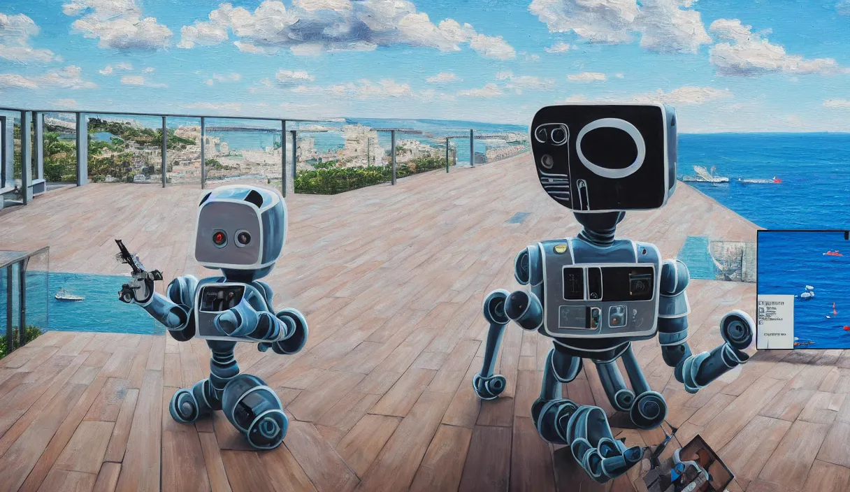 Prompt: an high resolution photo of a robot paiting a picture on a terrace over the sea, hyper detailed, photography, realistic, art, 8 k, unreal engine, cinematic, shallow focus, f 2. 8 3 5 mm, kodak film, 3 5 mm film