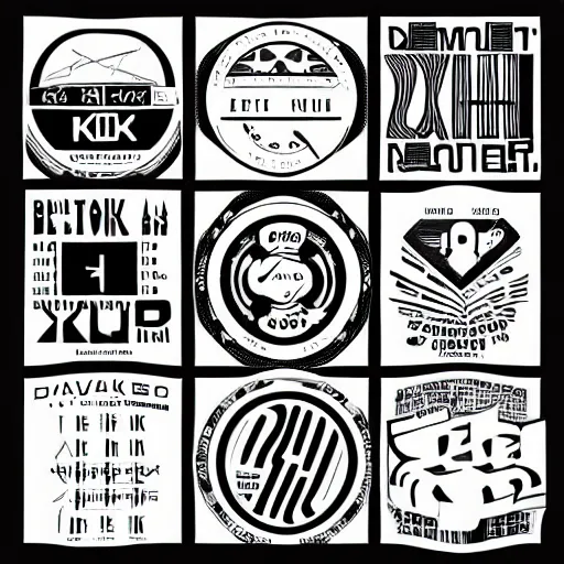 Image similar to black on white graphic design stickers in style of david rudnick, eric hu, y 2 k,